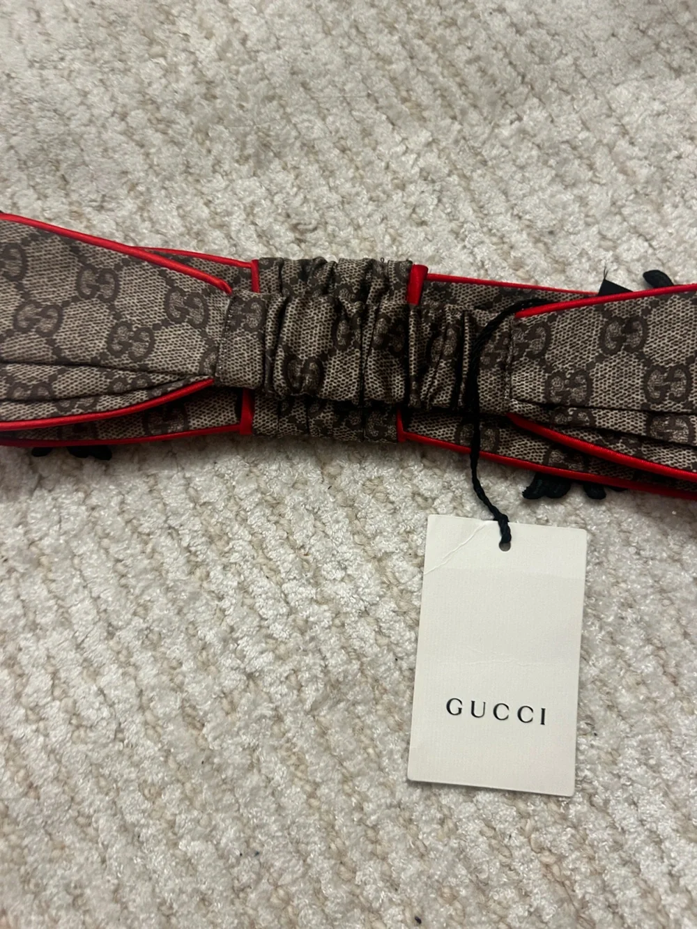 Gucci Brown Monogram Headband with Red Rose Embroidery